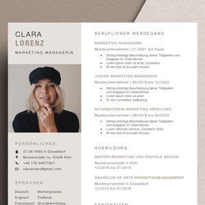May include: A resume template with the name "CLARA LORENZ" and the title "MARKETING MANAGERIN" at the top. A photo of a woman is on the left side. The resume includes sections for work experience, education, and skills.