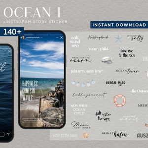 Könnte beinhalten: Eine Sammlung von über 140 Instagram-Story-Stickern zum Thema Meer. Die Sticker zeigen verschiedene Designs, darunter Muscheln, Anker, Boote und Textphrasen wie "Salty Soul", "Ocean Child" und "Made for the Ocean".