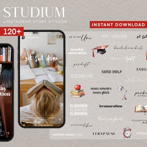 Könnte beinhalten: Ein Set mit über 120 digitalen Stickern für Instagram-Storys mit Illustrationen rund ums Studium, darunter eine Abschluss-Kappe, ein Rucksack, Bücher, eine Lampe, eine Uhr und Text auf Deutsch wie "monday motivation", "get shit done", "send help", "lernmarathon" und "stress pur".