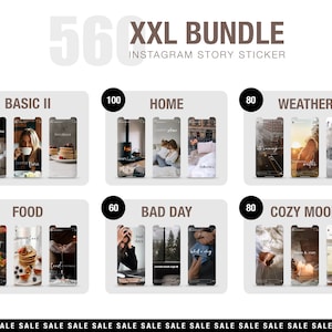 May include: A collection of 56 Instagram story stickers in various categories, including Basic II, Home, Weather, Food, Bad Day, and Cozy Mood. Each category has a different number of stickers, ranging from 60 to 150.