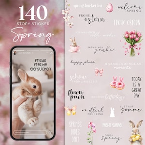 Könnte beinhalten: Ein Set mit 140 digitalen Stickern für Instagram-Storys mit Frühlingsmotiven. Die Sticker beinhalten Hasen, Blumen, Schmetterlinge und Text in Deutsch, wie "Frohe Ostern" und "Spring Bucket List".
