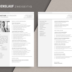 May include: A two-page resume with the title "LEBENSLAUF ZWEISEITIG" at the top. The resume is in black and white and features the name "SEBASTIAN STEINACKER" and the title "MARKETING MANAGER". The resume includes sections for work experience, skills, and education.