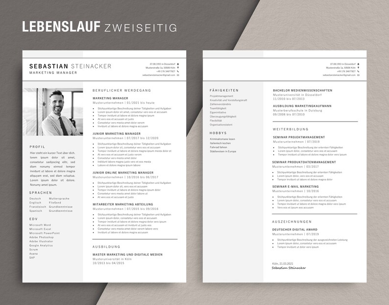 May include: A two-page resume with the title "LEBENSLAUF ZWEISEITIG" at the top. The resume is in black and white and features the name "SEBASTIAN STEINACKER" and the title "MARKETING MANAGER". The resume includes sections for work experience, skills, and education.