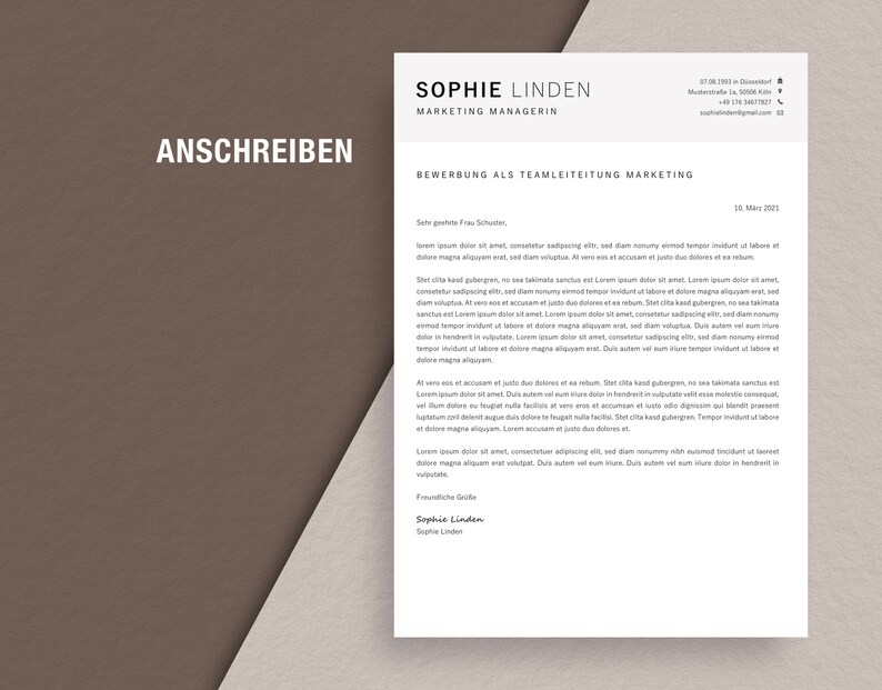 K&ouml;nnte beinhalten: Ein formelles Anschreiben f&uuml;r eine Teamleitungsposition im Marketing. Das Anschreiben ist an Frau Schuster gerichtet und datiert auf den 10. Mai 2021. Das Anschreiben ist in deutscher Sprache verfasst.