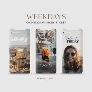 Può includere: Tre modelli di storie Instagram con sovrapposizioni di testo. Il primo modello presenta una scena di spiaggia con una sedia di vimini e il testo "saturday". Il secondo modello presenta un bicchiere di caffè freddo con il testo "the ember" e "happy day". Il terzo modello presenta una donna sorridente con il testo "Smile, it's FRIDAY".