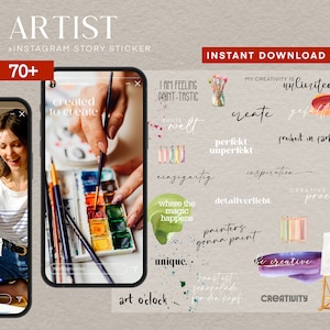 May include: A set of 70+ digital stickers for Instagram stories featuring colourful watercolour illustrations and text related to art and creativity. The stickers include phrases like "Art is Therapy", "Create", "Unique", "Be Creative", and "Where the Magic Happens".