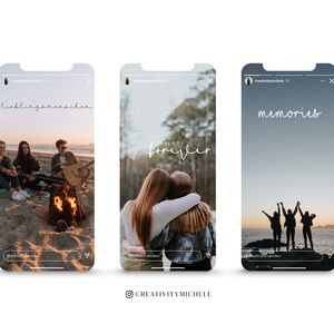 K&ouml;nnte beinhalten: Drei Instagram-Story-Vorlagen mit unterschiedlichen Hintergr&uuml;nden und Text&uuml;berlagerungen. Die erste Vorlage zeigt eine Gruppe von Freunden, die am Abend am Strand um ein Lagerfeuer sitzen, mit dem Text "Lieblingsmenschen". Die zweite Vorlage zeigt zwei Freunde, die sich am Strand umarmen, mit dem Text "Friends Forever". Die dritte Vorlage zeigt eine Gruppe von Freunden, die vor einem Sonnenuntergang silhouettiert sind, mit dem Text "memories".