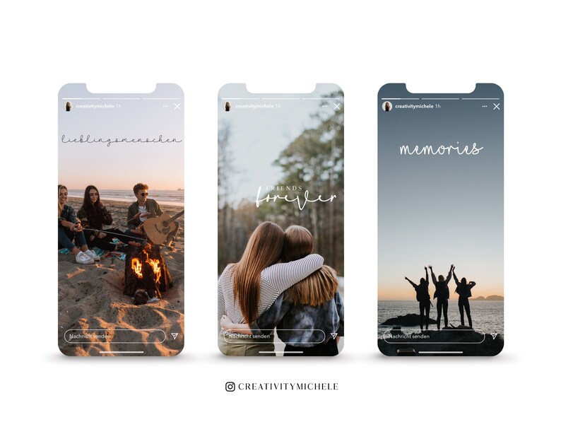 K&ouml;nnte beinhalten: Drei Instagram-Story-Vorlagen mit unterschiedlichen Hintergr&uuml;nden und Text&uuml;berlagerungen. Die erste Vorlage zeigt eine Gruppe von Freunden, die am Abend am Strand um ein Lagerfeuer sitzen, mit dem Text "Lieblingsmenschen". Die zweite Vorlage zeigt zwei Freunde, die sich am Strand umarmen, mit dem Text "Friends Forever". Die dritte Vorlage zeigt eine Gruppe von Freunden, die vor einem Sonnenuntergang silhouettiert sind, mit dem Text "memories".