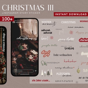 Könnte beinhalten: Ein Set mit über 100 Weihnachts-Instagram-Story-Stickern mit festlichen Sprüchen und Illustrationen. Die Sticker sind in verschiedenen Farben, darunter Rot, Grün, Weiß und Gold. Einige der Sprüche sind "Christmas feelings", "All you need is Christmas", "Winter moments", "Advent, advent", "Jingle bells", "Enjoy the season", "Merry Christmas", "Ho ho ho", "Jingle all the way", "Santa baby", "Adventszeit" und "Weihnachtszeit".