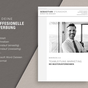 May include: A professional resume template in black and white, featuring a headshot of a smiling man. The resume includes the name "Sebastian Steinacker" and the title "Marketing Manager." Text on the left side reads "F&Uuml;R DEINE PROFFESIONELLE BEWERBUNG."