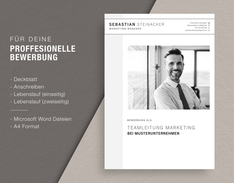 May include: A professional resume template in black and white, featuring a headshot of a smiling man. The resume includes the name "Sebastian Steinacker" and the title "Marketing Manager." Text on the left side reads "F&Uuml;R DEINE PROFFESIONELLE BEWERBUNG."