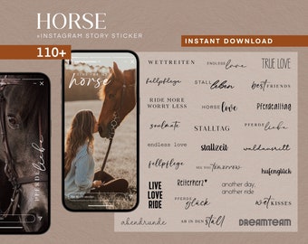 May include: A digital illustration of a horse with the text "TIME FOR MY HORSE" on a brown background. The illustration is surrounded by a variety of text phrases related to horses, such as "ride more worry less", "stalltag", "best friends", and "wet kisses".