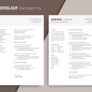 K&ouml;nnte beinhalten: Ein schwarz-wei&szlig;er Lebenslauf mit dem Titel "Lebenslauf Zweiseitig" und dem Namen "Sophie Linden" oben. Der Lebenslauf listet Sophies F&auml;higkeiten, Ausbildung und Berufserfahrung auf.