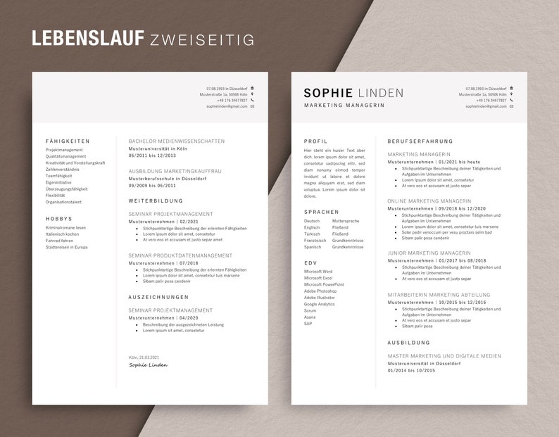 K&ouml;nnte beinhalten: Ein schwarz-wei&szlig;er Lebenslauf mit dem Titel "Lebenslauf Zweiseitig" und dem Namen "Sophie Linden" oben. Der Lebenslauf listet Sophies F&auml;higkeiten, Ausbildung und Berufserfahrung auf.