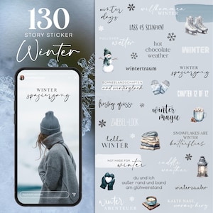Puede incluir: Un conjunto de 130 pegatinas de historias con temática invernal que incluyen ilustraciones de muñecos de nieve, copos de nieve, ropa de invierno y texto en alemán e inglés. Las pegatinas están diseñadas para su uso en redes sociales.