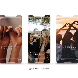 K&ouml;nnte beinhalten: Drei verschiedene Handy-Bildschirm-Mockups mit Bildern von Freunden und dem Text "friends for life", "friends forever" und "gemeinsam".