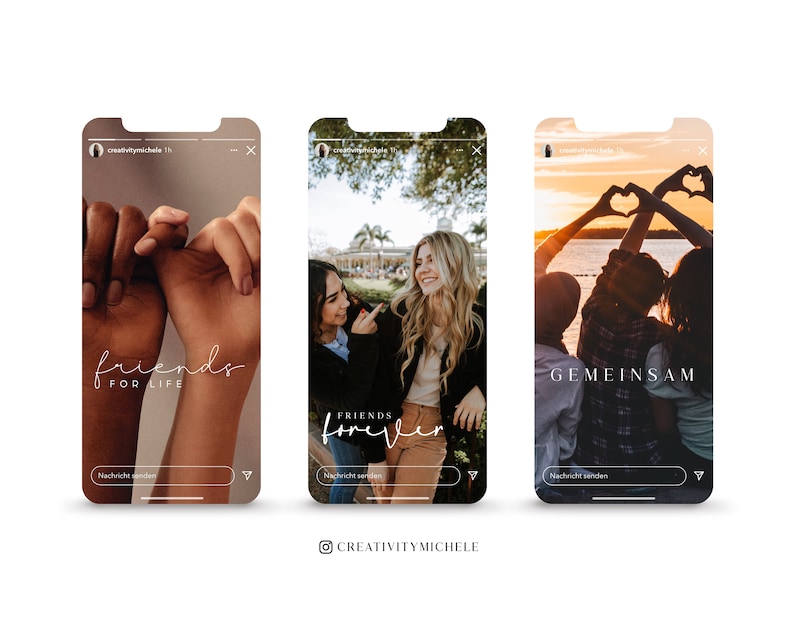 K&ouml;nnte beinhalten: Drei verschiedene Handy-Bildschirm-Mockups mit Bildern von Freunden und dem Text "friends for life", "friends forever" und "gemeinsam".