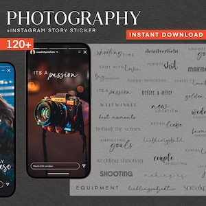May include: A collection of 120+ Instagram story stickers for photography. The stickers feature various phrases related to photography, such as "shooting time", "perfect shot", "making of", "golden hour", "wedding shooting", "couple shooting", "love my job", and "sneakpeak".