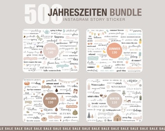 May include: A set of 500 Instagram story stickers featuring illustrations and text related to the four seasons: spring, summer, autumn, and winter. The stickers are organized into four sections, each with a different color scheme and theme. The stickers include phrases like "spring feelings", "summer breeze", "golden days", and "winter wonderland".