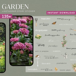 Könnte beinhalten: Eine digitale Illustration eines Sets mit über 135 Instagram-Story-Stickern zum Thema Garten. Die Sticker zeigen Aquarell-Illustrationen von Blumen, Pflanzen, Gartenwerkzeugen und Text auf Deutsch und Englisch. Der Text enthält Sätze wie "happy place", "gardening mood", "blooming", "flower power" und "just bloom".