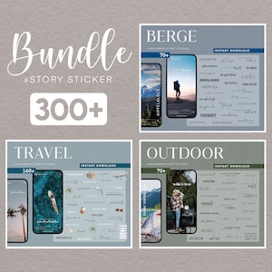Könnte beinhalten: Ein digitales Produktpaket mit Instagram Story-Stickern zu den Themen Reisen und Outdoor. Das Paket enthält über 300 Sticker, davon 160+ Reisesticker und 70+ Outdoor-Sticker. Die Sticker zeichnen sich durch eine Vielzahl von Designs aus, darunter Text, Icons und Illustrationen.