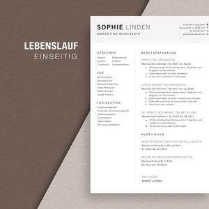 K&ouml;nnte beinhalten: Ein schwarz-wei&szlig;er Lebenslauf mit dem Namen Sophie Linden, Marketing Managerin, oben. Der Lebenslauf listet Berufserfahrung, Ausbildung, F&auml;higkeiten und Sprachen auf. Der Lebenslauf ist mit einem einfachen, klaren Design formatiert.