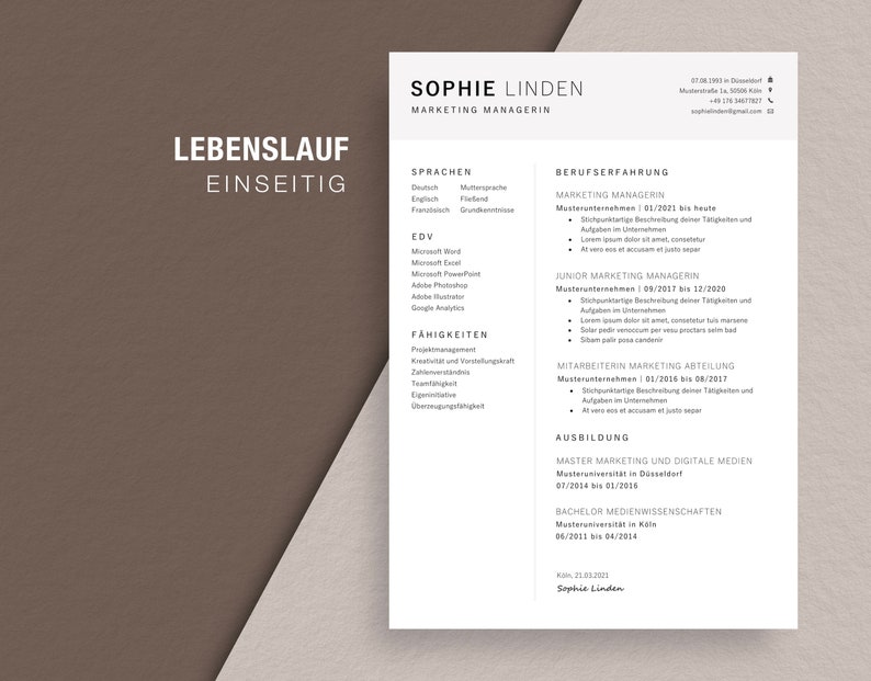 K&ouml;nnte beinhalten: Ein schwarz-wei&szlig;er Lebenslauf mit dem Namen Sophie Linden, Marketing Managerin, oben. Der Lebenslauf listet Berufserfahrung, Ausbildung, F&auml;higkeiten und Sprachen auf. Der Lebenslauf ist mit einem einfachen, klaren Design formatiert.