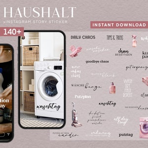 Puede incluir: Un conjunto de más de 140 pegatinas digitales para historias de Instagram con ilustraciones de tareas domésticas, productos de limpieza y lavandería. Las pegatinas son de estilo acuarela y presentan frases como "waschtag" (día de lavado), "putzplan" (plan de limpieza) y "día de limpieza".