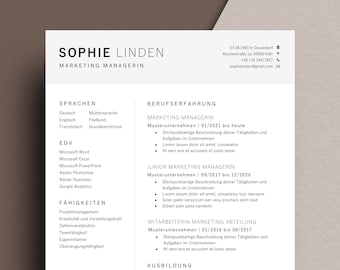 May include: A black and white resume with the name Sophie Linden, Marketing Manager, at the top. The resume lists work experience, skills, and education.
