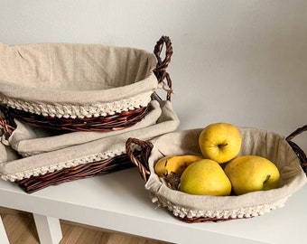 Wicker fruits basket with fabric, bread woven storage, food wicker basket,  handmade willow storage, custom wicker furniture, gift for mom