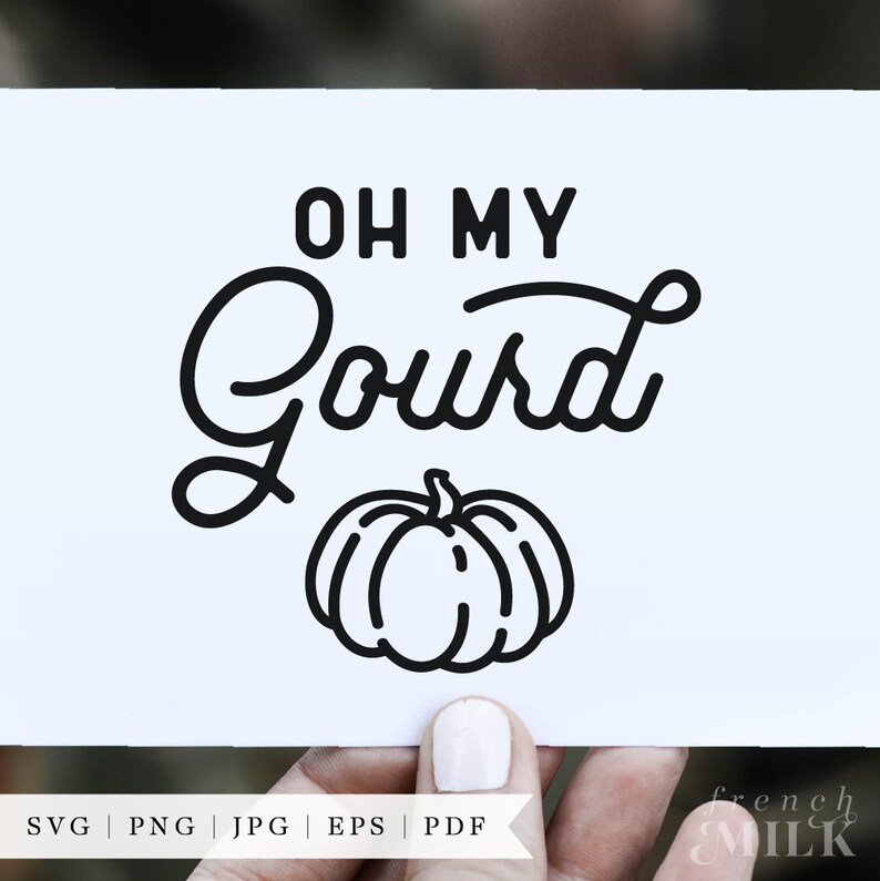 May include: Black and white graphic design with the text "Oh My Gourd" and a stylized pumpkin illustration.
