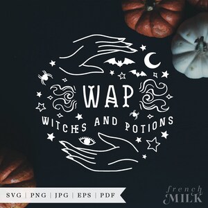 May include: A white graphic design on a black background with the text "WAP Witches and Potions" in a circle with a crescent moon, stars, bats, and hands with an eye in the palm.