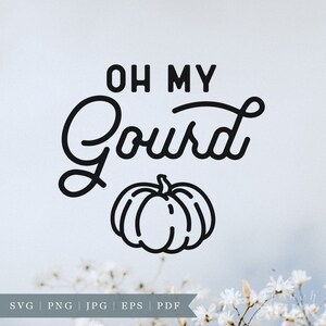May include: Black and white line art design with the text "Oh My Gourd" and a simple outline of a pumpkin.