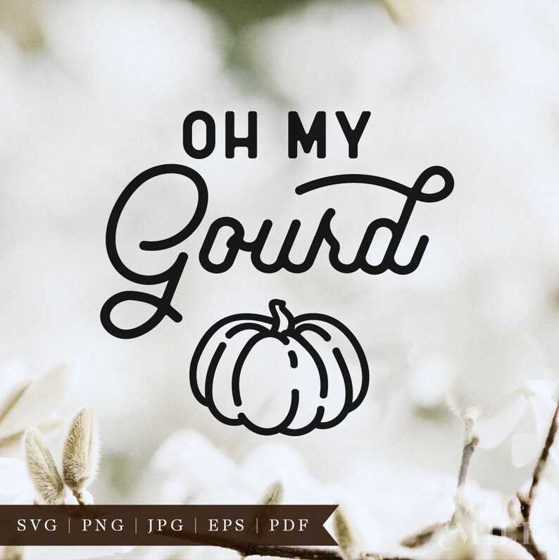 May include: Black and white line art design of a pumpkin with the text "Oh My Gourd" above it.