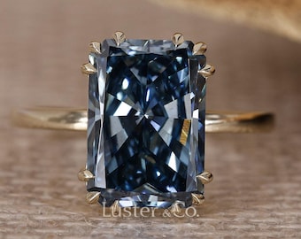 Royal Blue Radiant Lab Grown Diamond Ring, Triple Claw Prong Setting, Yellow Gold Radiant Cut Engagement Ring By LusterAndCoJewels