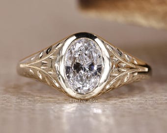 Oval Lab Grown Diamond Bezel Engagement Ring, Filigree Dome Shank Unique Engagement Ring