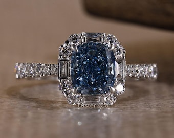 Blue Radiant Cut Lab Grown Diamond Engagement Ring, Cushion Halo Baguette And Round Diamond Ring, Cathedral Shank Luxury Bridal Jewelry