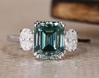 3.17 CT Green Emerald Cut Moissanite Engagement Ring, Double Clue Prong Ring, Three Stone Oval Side Stones Ring, Unique Diamond Ring for Her