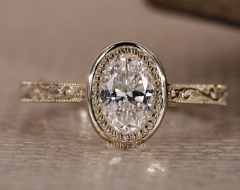 Oval Cut Lab Grown Diamond Vintage Style Engraved Bezel Engagement Ring, Ethical Oval Diamond Bridal Cathedral Shank Ring for Her