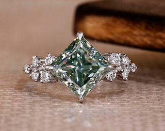 Cyan Blue Princess Cut Diamond Ring, Hidden Halo & Cluster Assent Engagement Ring, Unique Moissanite Ring for Her, Timeless heirloom ring