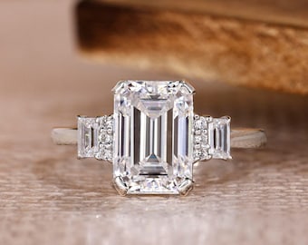 Emerald Cut Diamond Engagement Ring with Side Baguette And Round Diamonds, Art Deco Inspired White Gold Ring, Vintage Style Engagement Ring