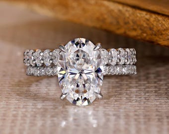 Conjunto nupcial de moissanita de corte ovalado de 3,56 ct con alianzas a juego, anillo de compromiso estilo Art Déco, anillo de boda de oro y plata de 10k/14k/18k