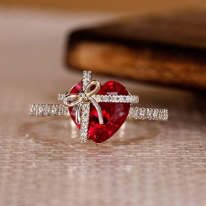 Red Ruby Heart Cut Ring With Diamond Bow, Heart Shaped Ruby Engagement Ring, Gold Ruby Promise Ring For Her, Proposal Ring for Fiancée