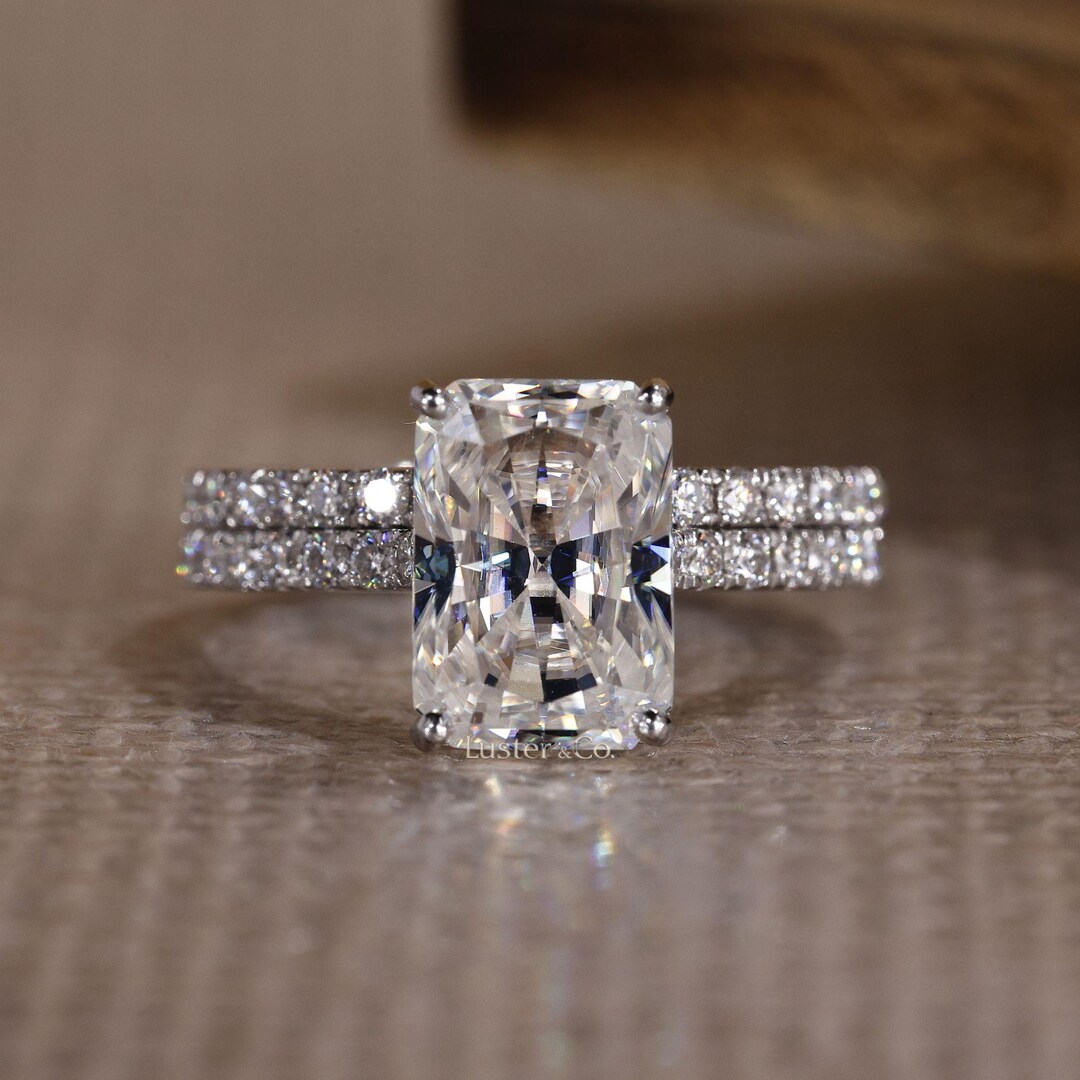 Radiant Cut Moissanite Engagement Ring Set With Hidden Halo and Pavé ...