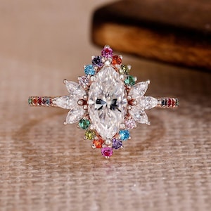 Marquise Cut Moissanite Rainbow Style Halo Engagement Ring, Colorful Cluster Ring for Her, Unique Bridal Jewelry Gift, Boho Rainbow Ring