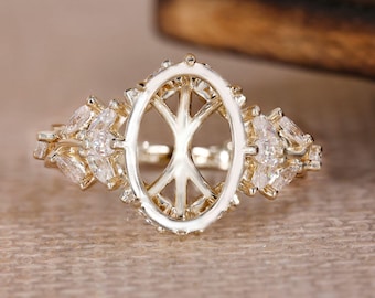 Oval Cut Semi-Mount Engagement Ring, Custom Setting with Marquise Diamond Side Stones in Yellow Gold, Custom Bridal Jewelry