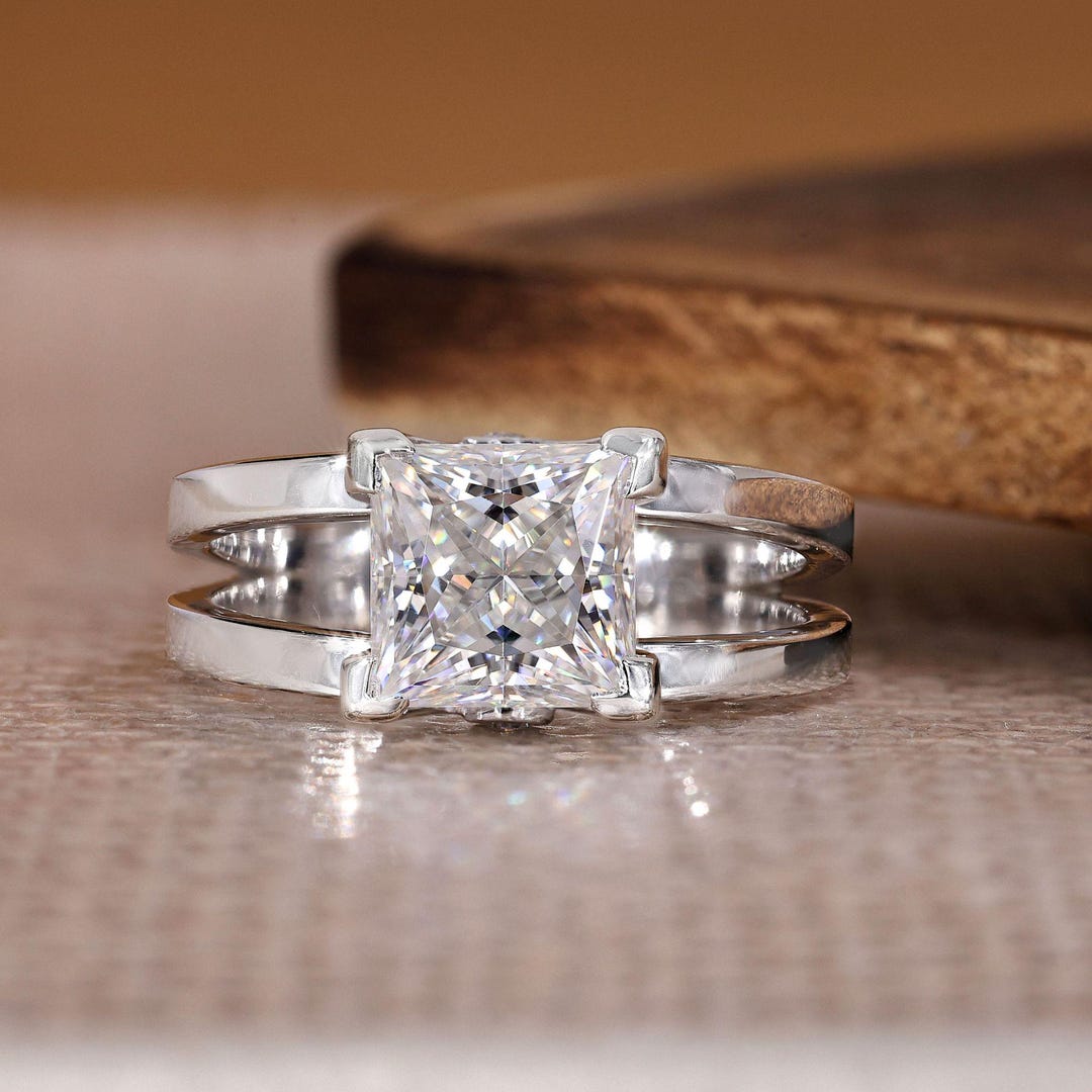Princess Cut Moissanite Ring, Modern Split Shank Engagement Ring ...