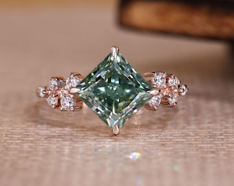 3.50 Carat Cyan Blue Princess Cut Moissanite Engagement Ring, Hidden Halo with Cluster Accents, Unique Bridal Ring for Her