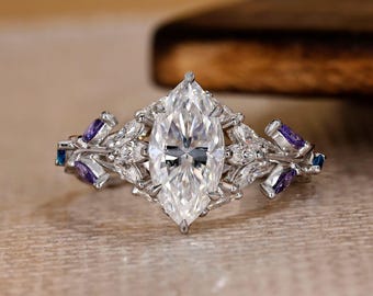 Marquise Cut Diamond Engagement Ring, Vine & Leaf Design with Colorful Diamond Accents, Unique Nature-Inspired Bridal Jewelry