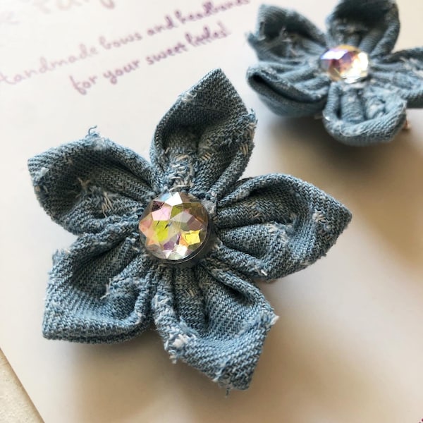 Distressed denim piggies, denim flower clips, shabby chic barrettes, handmade distressed denim flowers, mommy and me